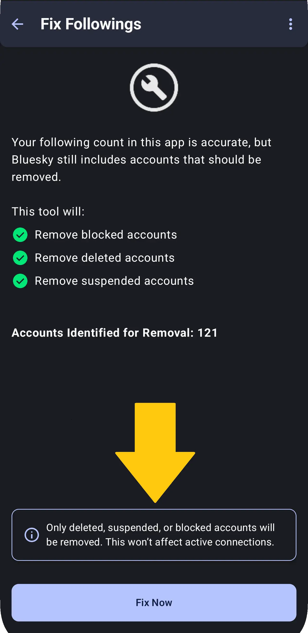 Screenshot of Fix Followings screen with Start Fixing button