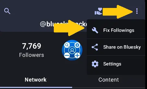 Screenshot showing the Fix Followings screen access in Bluesky Tracker app